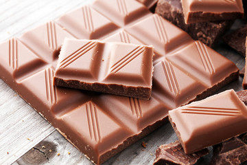 Dark Chocolate chunks and stacked broken chocolate bar.