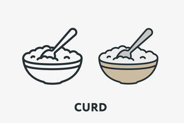 Curd Cottage Cheese Bowl with Spoon Dairy Product Minimal Flat Line Outline Colorful and Stroke Icon Pictogram