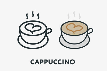 Coffee Cappuccino Cup Mug with Heart Milk Foam Minimal Flat Line Outline Colorful and Stroke Icon Pictogram