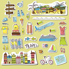 tourist kit, travel stickers, items for traveling, travel illustration in doodle style