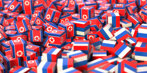 North Korea and Russia political conflict, original 3d rendering conceptual illustration, original flag textures