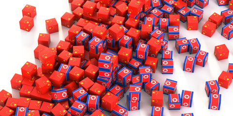 North Korea and China political relationship and conflict, original 3d rendering conceptual illustration, original flag textures © tostphoto