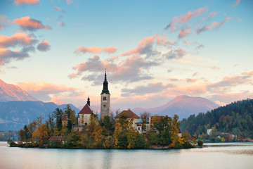 Fototapeta premium Picturesque Slovenia, Bled lake and town in the evening.