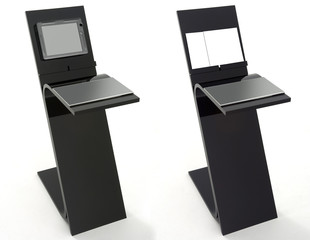 Two black display stands with tablet and books