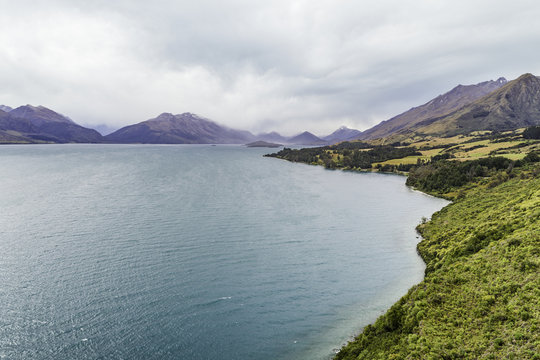 New Zealand aerial drone view of nature landscape on South Island, lake Wakatipu and southern alps, between Queenstown and Glenorchy. New Zealand travel famous tourism destination .