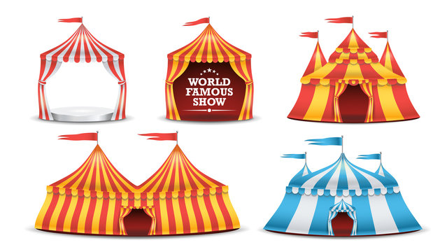 Circus Tent Set Vector. Multicolored Funfair, Carnival Holidays Concept. Illustration