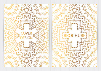 Set of ethnic covers, hand drawn golden patterns, white backgrounds. Vector templates for restaurant menu, flyer, brochure,business card, booklet, banner, etc.