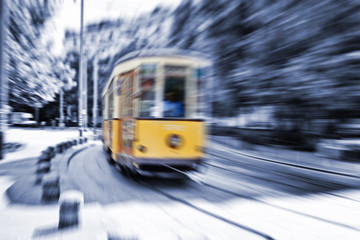 Blurred movement of a Old vintage orange tram