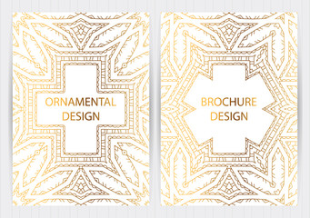 Set of ethnic covers, hand drawn golden patterns, white backgrounds. Vector templates for restaurant menu, flyer, brochure,business card, booklet, banner, etc.