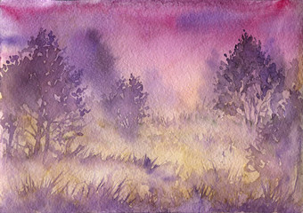 watercolor landscape with mist