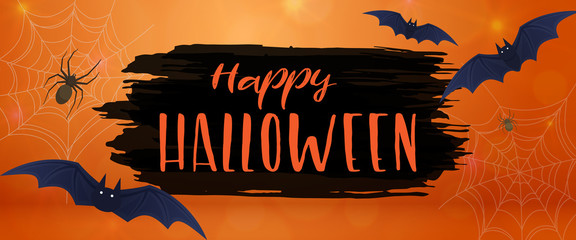 Happy Halloween and bats, horizontal banner. Colorful scary Halloween illustration. Vector © DruZhi Art