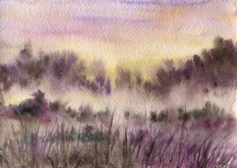 watercolor landscape with mist