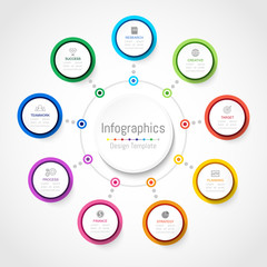 Infographic design elements for your business data with 9 options, parts, steps, timelines or processes, Circle round concept. Vector Illustration. - obrazy, fototapety, plakaty