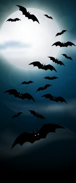 Night, full moon and bats, vertical banner. Colorful scary Halloween illustration. Vector
