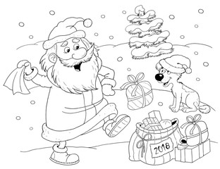 New Year. Christmas. Year of Dog. Cute dancing Santa  and his dog. Coloring page