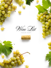 wine list background; sweet white grapes and leaf