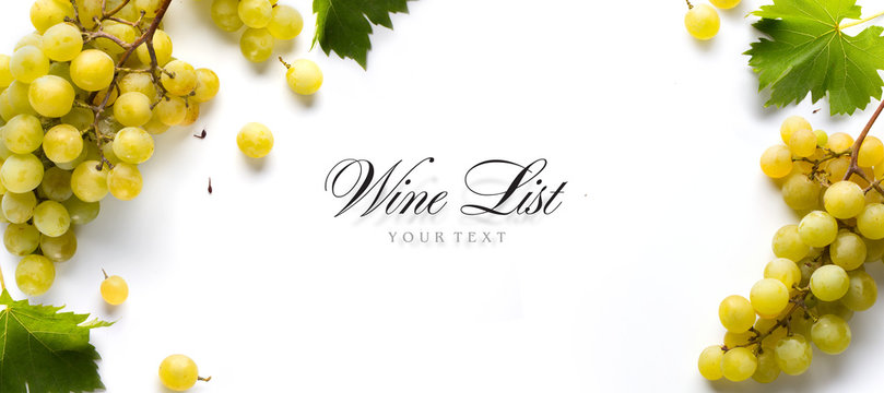 wine list background; sweet white grapes and leaf