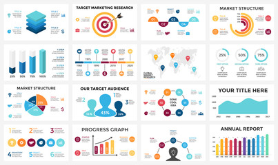 Marketing infographic, cycle diagram, global business graph, presentation chart. 3, 4, 5, 6, 7, 8 options, parts, steps, process. People audience report, target market, brain idea, world map timeline
