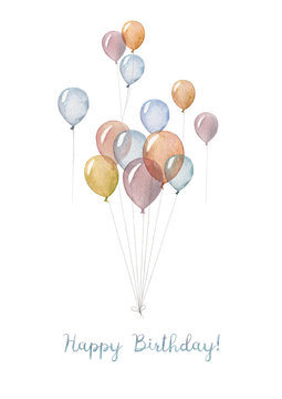 A Hand Made Happy Birthday Card With Illustration Of Watercolor Balloons.