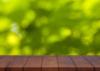 Empty wooden floor. blurred bokeh nature background