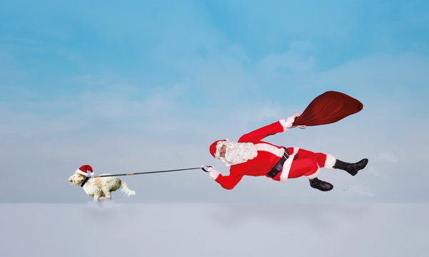Weihnachtsmann mit Hund an der Leine