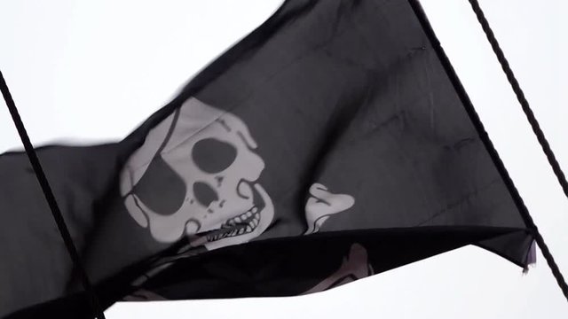 Classic skull and crossbones flag flapping in the wind.