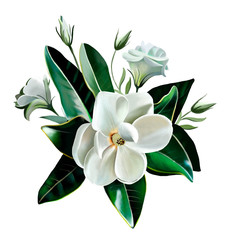 Naklejka premium A Little Gem. White Magnolia close up with leaves and eustomas isolated on white background