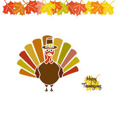 Thanksgiving turkey greeting card with leafs isolated on white background