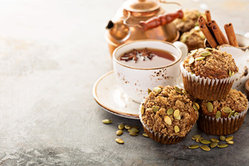Healthy pumpkin muffins with tea and spices