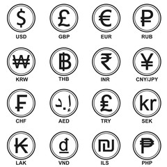 Set of currency symbols Icons Vector thin Line illustration