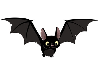 Vector cartoon illustration of cute friendly black bat character, flying with wings spread, in flat contemporary style isolated on white. - obrazy, fototapety, plakaty