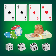 Poker Design Elements Vector. Chips, Money Stacks, Playing Gambling Cards. Royal Fortune Club Concept. Illustration