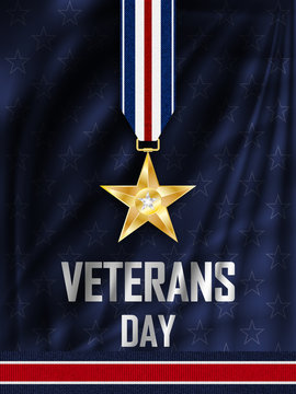 Veteran's Day. Congratulations on the veteran's day in the United states of America. Golden star on the ribbon. Wavy fabric with stars.  Vector illustration.