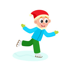 vector boy having fun racing ice skates outdoors. Flat cartoon isolated illustration on a white background. Kid plays smiling. Winter children activity concept