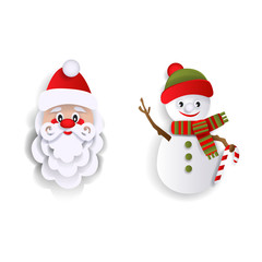 Paper cut Santa Claus and snowman, Christmas decoration elements, flat style vector illustration isolated on white background. Flat style Santa Claus and snowman decoration elements