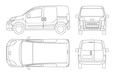 Small Van Car in lines. Isolated car, template for car branding and advertising. Front, rear , side, top and back. All elements in groups on separate layers. © Golden Sikorka