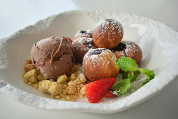 Dodut with Ice cream and Strawberry in Cafe