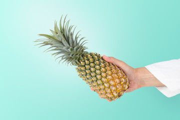 Hand holding ripe pineapple with leafs ,isolated tiffany blue backgroundand copy space.From fruit...