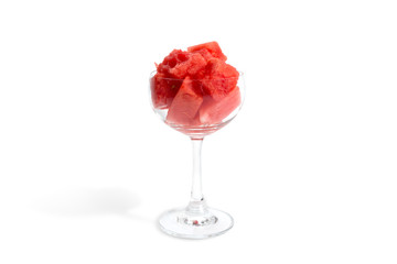 Fresh watermelon  seed removal serving in wine glass, healthy eating lifestyle.Watermelon in cocktail party isolated white background..