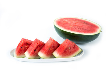 Fresh watermelon ready for serving, healthy eating lifestyle.Sliced of watermelon isolated white background..