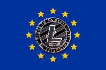 coin litecoin on the flag of the European Union