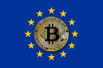 coin bitcoin on the flag of the European Union