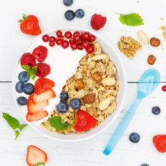 Müsli Frühstück Früchte Joghurt Erdbeeren Beeren essen Schale quadratisch von oben