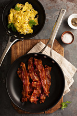 Cooked bacon on a skillet