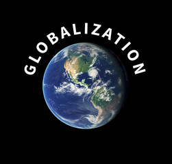 Planet Earth is surrounded by Globalization text - globalized world is integrated into general,...