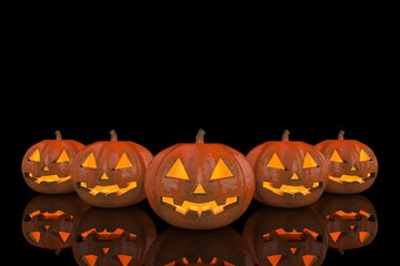 3d rendering. row of Halloween pumpkins with reflection on the floor with copy space background
