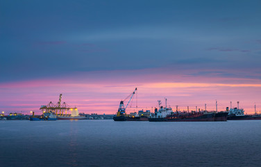 Fototapeta premium Cargo ship parked in the evening.