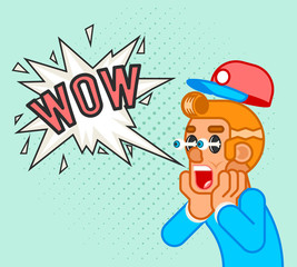 Surprised customer character shocked scream wow commercial business offer flat design line art vector illustration