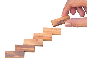 Wooden block stacking, business and construction concept