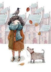 Akwarelowa ilustracja chodzącej dziewczyny z jej małym psem i koroną - są najlepszymi przyjaciółmi na zawsze. W mieście jest jesień i liście spadają. - 175379770